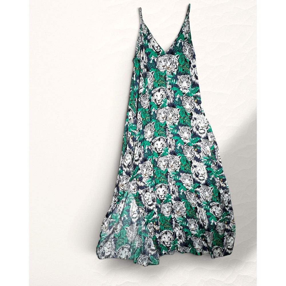 Van Winkle & Co Maxi Dress Womens 1X Green Jungle Tiger Lion Print Bohemian Bold